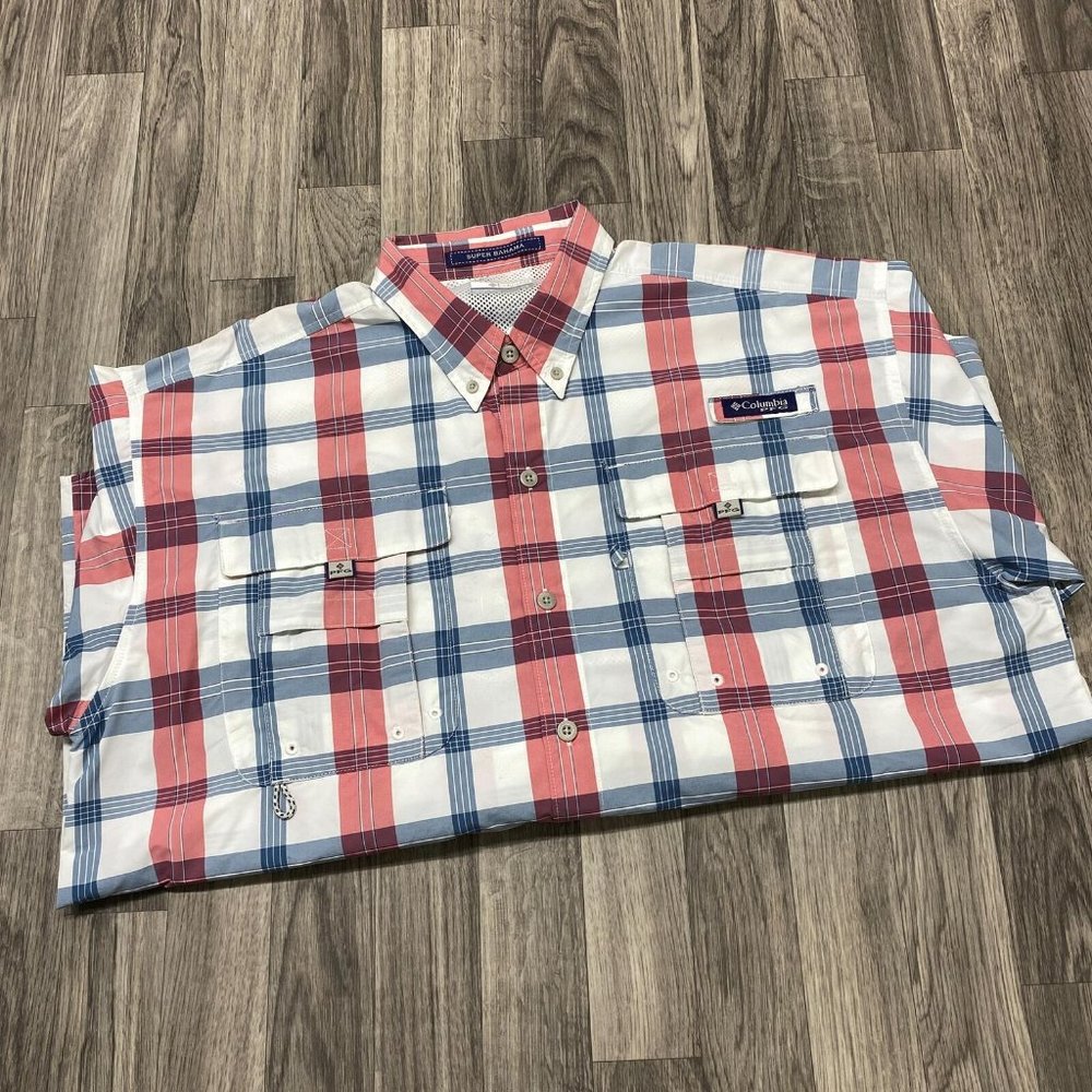 COLUMBIA SPORTSWEAR PFG Performance Blue/White/Red Plaid Shirt Men's Size Large
